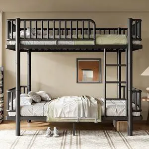 Twin Over Twin Bunk Bed with Round-Pipe Design, Black Twin Over Twin Bunk Bed with Round-Pipe Design, Black
