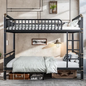 Metal Queen Over Queen Bunk Bed with Upgraded Round-Pipe, Black Metal Queen Over Queen Bunk Bed with Upgraded Round-Pipe, Black