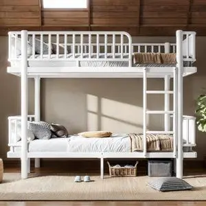Heavy Duty Metal Bunk Bed Full Over Full with Guardrails, Industrial Bunkbeds with Round-Pipe Design, Convertible Into 2 Individual Beds for Kids, Teens, Adults, Under-Bed Storage Space, Light White Heavy Duty Metal Bunk Bed Full Over Full with Guardrails, Industrial Bunkbeds with Round-Pipe Design, Convertible Into 2 Individual Beds for Kids, Teens, Adults, Under-Bed Storage Space, Light White