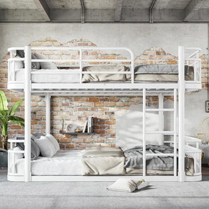 Floor Queen Over Queen Bunk Bed with Anti-Slip Ladder, White Floor Queen Over Queen Bunk Bed with Anti-Slip Ladder, White