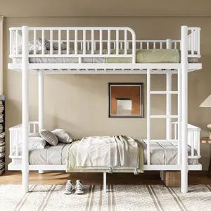 Twin Over Twin Bunk Bed with Round-Pipe Design, Light White Twin Over Twin Bunk Bed with Round-Pipe Design, Light White