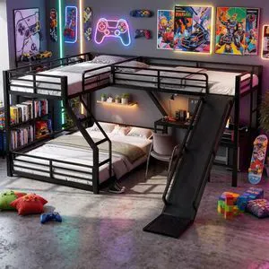 L Shaped Bunk Bed Attached a Loft Bed with Desk, Black L Shaped Bunk Bed Attached a Loft Bed with Desk, Black