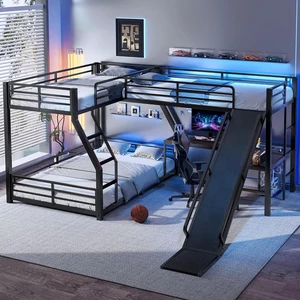 L-Shaped Triple Bunk Bed with Slide and Desk,Twin Over Full Bunk Bed Frame with Twin Size Loft Beds, Heavy Duty Triple Bunk Bed with Charging Station, No Box Spring Needed,Black L-Shaped Triple Bunk Bed with Slide and Desk,Twin Over Full Bunk Bed Frame with Twin Size Loft Beds, Heavy Duty Triple Bunk Bed with Charging Station, No Box Spring Needed,Black