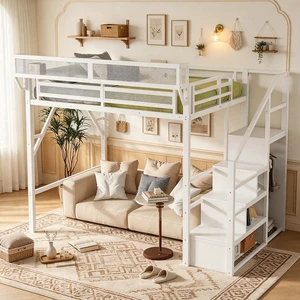 Metal Loft Bed with Storage Stair and Mesh Shelf for Small Room, Modern Loft Bed with Wardrobe and No Box Spring Needed, Full Size, White Metal Loft Bed with Storage Stair and Mesh Shelf for Small Room, Modern Loft Bed with Wardrobe and No Box Spring Needed, Full Size, White