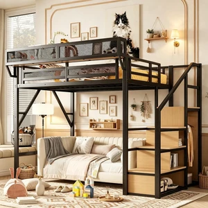 Metal Loft Bed with Storage Stair and Mesh Shelf for Small Room, Modern Loft Bed with Wardrobe and No Box Spring Needed, Full Size, Black Metal Loft Bed with Storage Stair and Mesh Shelf for Small Room, Modern Loft Bed with Wardrobe and No Box Spring Needed, Full Size, Black