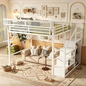 Metal Loft Bed with Storage Stair and Mesh Shelf for Small Room, Modern Loft Bed with Wardrobe and No Box Spring Needed, Queen Size, White Metal Loft Bed with Storage Stair and Mesh Shelf for Small Room, Modern Loft Bed with Wardrobe and No Box Spring Needed, Queen Size, White