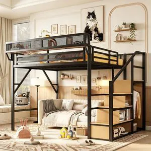 Metal Loft Bed with Storage Stair and Mesh Shelf for Small Room, Modern Loft Bed with Wardrobe and No Box Spring Needed, Queen Size, Black Metal Loft Bed with Storage Stair and Mesh Shelf for Small Room, Modern Loft Bed with Wardrobe and No Box Spring Needed, Queen Size, Black