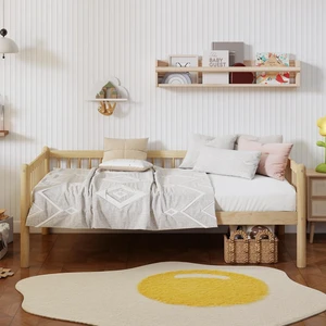 Twin Pine Wood Daybed with 3-Side Guardrails, Natural Twin Pine Wood Daybed with 3-Side Guardrails, Natural