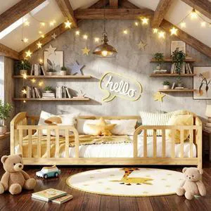 Kids Montessori Floor Twin Bed Frame without Slats Support, Natural Kids Montessori Floor Twin Bed Frame without Slats Support, Natural