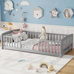 Wood Twin Montessori Bed Frame with Central Entrance, Kids Floor Bed Frame Without Slats Support, No Box Spring Needed, Grey Wood Twin Montessori Bed Frame with Central Entrance, Kids Floor Bed Frame Without Slats Support, No Box Spring Needed, Grey