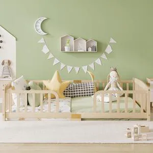 Floor Bed Frame Queen with Fence and Round Corner, Natural Floor Bed Frame Queen with Fence and Round Corner, Natural