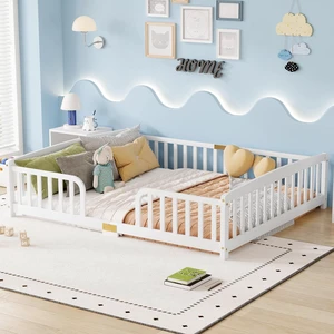 Floor Bed Frame Queen with Fence and Round Corner, White Floor Bed Frame Queen with Fence and Round Corner, White
