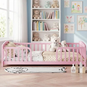 Twin Montessori Platform Bed with Central Entrance, Pink Twin Montessori Platform Bed with Central Entrance, Pink