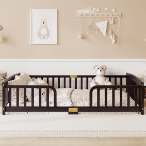 Floor Bed Frame Queen with Fence and Round Corner, Espresso Floor Bed Frame Queen with Fence and Round Corner, Espresso