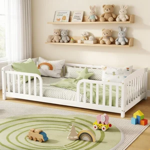 Montessori Floor Bed Frame Twin Size with Central Entrance, Wooden Kids Bed Frame Without Slats Support, No Box Spring Needed, White Montessori Floor Bed Frame Twin Size with Central Entrance, Wooden Kids Bed Frame Without Slats Support, No Box Spring Needed, White