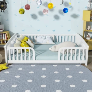 Floor Bed Frame Full with Fence and Round Corner, Wooden Montessori Bed Frame Without Slats Support, No Box Spring Needed, White Floor Bed Frame Full with Fence and Round Corner, Wooden Montessori Bed Frame Without Slats Support, No Box Spring Needed, White