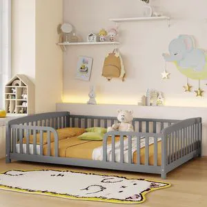 Floor Bed Frame Full with Fence and Round Corner, Wooden Montessori Bed Frame Without Slats Support, No Box Spring Needed, Grey Floor Bed Frame Full with Fence and Round Corner, Wooden Montessori Bed Frame Without Slats Support, No Box Spring Needed, Grey