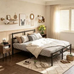 Metal Platform Bed with Headboard and Footboard for Apartment Dormitory, NoiseFree Bed Frame No Box Spring Needed for Restful Sleep, Queen Size, Black Metal Platform Bed with Headboard and Footboard for Apartment Dormitory, NoiseFree Bed Frame No Box Spring Needed for Restful Sleep, Queen Size, Black