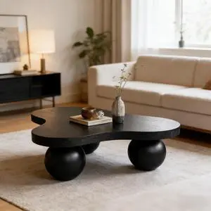 46" Cloud Shaped Coffee Table with 3 Ball Legs, Irregular Low Wooden Coffee Table for Living Room, Office, or Small Spaces, Black 46" Cloud Shaped Coffee Table with 3 Ball Legs, Irregular Low Wooden Coffee Table for Living Room, Office, or Small Spaces, Black