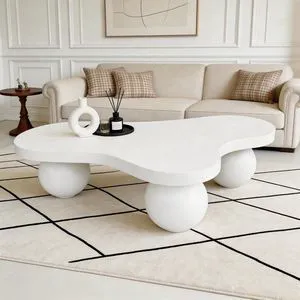 46" Cloud Shaped Coffee Table with 3 Ball Legs, Irregular Low Wooden Coffee Table for Living Room, Office, or Small Spaces, White 46" Cloud Shaped Coffee Table with 3 Ball Legs, Irregular Low Wooden Coffee Table for Living Room, Office, or Small Spaces, White