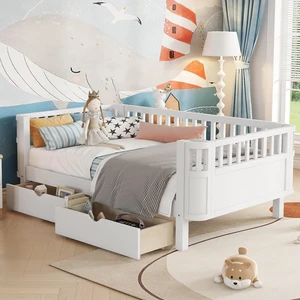 Twin Size Floor Bed with Storage Drawers and High Rails for Kids, Transition Platform Bed with Removable Guardrails Convertible Montessori Bed for Boys Girls, Easy Assembly and MultiFunctional White Twin Size Floor Bed with Storage Drawers and High Rails for Kids, Transition Platform Bed with Removable Guardrails Convertible Montessori Bed for Boys Girls, Easy Assembly and MultiFunctional White
