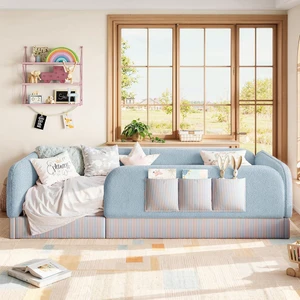 Upholstered Floor Bed Frame Twin Size for Kids, Blue Upholstered Floor Bed Frame Twin Size for Kids, Blue