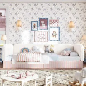 Twin Size Upholstered Montessori Bed Frame for Kids, Beige Twin Size Upholstered Montessori Bed Frame for Kids, Beige