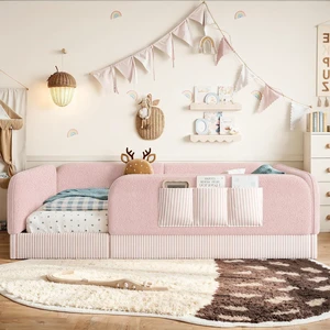 Upholstered Floor Bed Frame Queen Size for Kids, Pink Upholstered Floor Bed Frame Queen Size for Kids, Pink