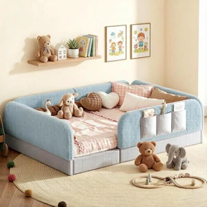 Kids Floor Upholstered Bed Frame Full Size with Pockets, Blue Kids Floor Upholstered Bed Frame Full Size with Pockets, Blue