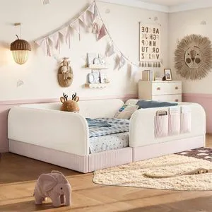 Upholstered Floor Bed Frame Queen Size for Kids, Beige Upholstered Floor Bed Frame Queen Size for Kids, Beige