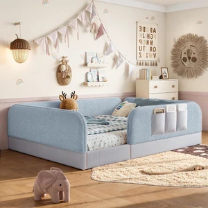 Upholstered Floor Bed Frame Queen Size for Kids, Blue Upholstered Floor Bed Frame Queen Size for Kids, Blue