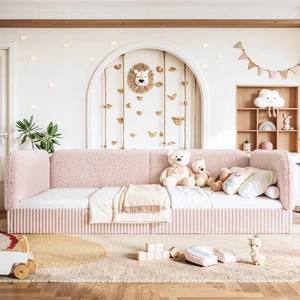 Queen Size Upholstered Montessori Bed Frame for Kids, Pink Queen Size Upholstered Montessori Bed Frame for Kids, Pink