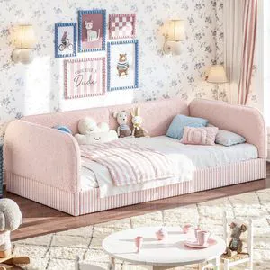 Twin Size Upholstered Montessori Bed Frame for Kids, Pink Twin Size Upholstered Montessori Bed Frame for Kids, Pink