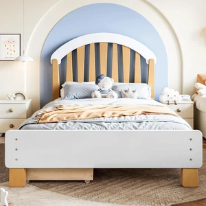 Solid Wood Twin Platform Bed with Drawers for Kids, White & Natural Solid Wood Twin Platform Bed with Drawers for Kids, White & Natural