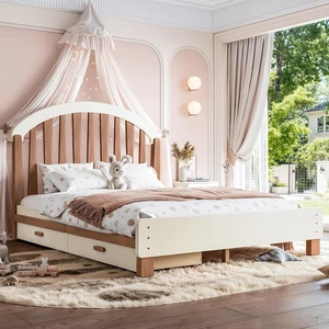 Full Kids Platform Bed Frame with Storage Drawers, Beige & Deep Natural Full Kids Platform Bed Frame with Storage Drawers, Beige & Deep Natural