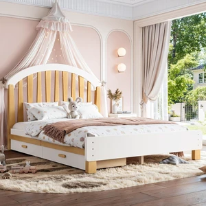 Full Kids Platform Bed Frame with Storage Drawers, White & Natural Full Kids Platform Bed Frame with Storage Drawers, White & Natural