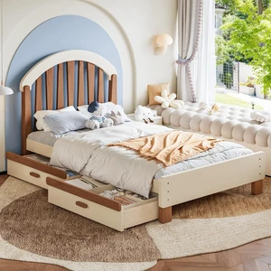 Solid Wood Twin Platform Bed with Drawers for Kids, Beige & Deep Natural Solid Wood Twin Platform Bed with Drawers for Kids, Beige & Deep Natural