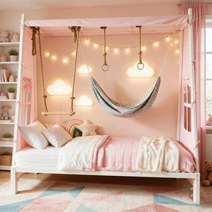 Metal House Platform Bed Frame with Tent & Swing for Kids, White Metal House Platform Bed Frame with Tent & Swing for Kids, White
