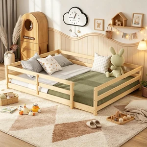 Solid Wood Floor Bed Frame with Fence for Girls Boys, Montessori Kids Bed with Guardrail and No Slat Support, Full Size, Oak Solid Wood Floor Bed Frame with Fence for Girls Boys, Montessori Kids Bed with Guardrail and No Slat Support, Full Size, Oak