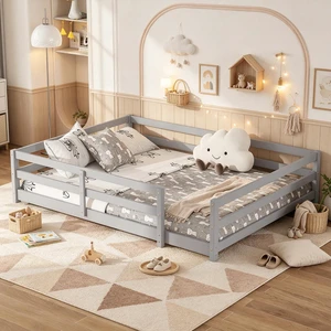 Solid Wood Floor Bed Frame with Fence for Girls Boys, Montessori Kids Bed with Guardrail and No Slat Support, Full Size, Grey Solid Wood Floor Bed Frame with Fence for Girls Boys, Montessori Kids Bed with Guardrail and No Slat Support, Full Size, Grey