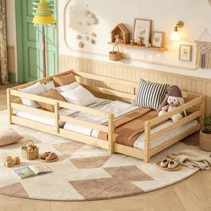 Solid Wood Floor Bed Frame with Fence for Girls Boys, Montessori Kids Bed with Guardrail and No Slat Support, Twin Size, Oak Solid Wood Floor Bed Frame with Fence for Girls Boys, Montessori Kids Bed with Guardrail and No Slat Support, Twin Size, Oak