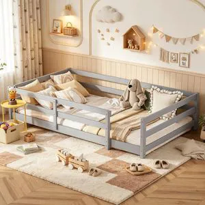 Solid Wood Floor Bed Frame with Fence for Girls Boys, Montessori Kids Bed with Guardrail and No Slat Support, Twin Size, Grey Solid Wood Floor Bed Frame with Fence for Girls Boys, Montessori Kids Bed with Guardrail and No Slat Support, Twin Size, Grey