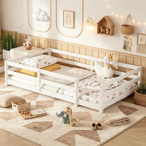 Solid Wood Floor Bed Frame with Fence for Girls Boys, Montessori Kids Bed with Guardrail and No Slat Support, Twin Size, White Solid Wood Floor Bed Frame with Fence for Girls Boys, Montessori Kids Bed with Guardrail and No Slat Support, Twin Size, White
