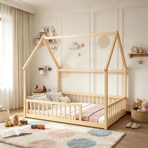 Montessori Kids Bed with Fence for Sleeping and Playing, Pine Wood Floor Bed Frame with Roof for Girls Boys, Full Size, Natural Montessori Kids Bed with Fence for Sleeping and Playing, Pine Wood Floor Bed Frame with Roof for Girls Boys, Full Size, Natural