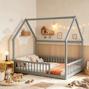 Montessori Kids Bed with Fence for Sleeping and Playing, Pine Wood Floor Bed Frame with Roof for Girls Boys, Full Size, Grey Montessori Kids Bed with Fence for Sleeping and Playing, Pine Wood Floor Bed Frame with Roof for Girls Boys, Full Size, Grey