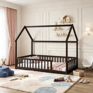 Montessori Kids Bed with Fence for Sleeping and Playing, Pine Wood Floor Bed Frame with Roof for Girls Boys, Twin Size, Espresso Montessori Kids Bed with Fence for Sleeping and Playing, Pine Wood Floor Bed Frame with Roof for Girls Boys, Twin Size, Espresso
