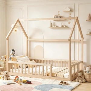 Montessori Kids Bed with Fence for Sleeping and Playing, Pine Wood Floor Bed Frame with Roof for Girls Boys, Twin Size, Natural Montessori Kids Bed with Fence for Sleeping and Playing, Pine Wood Floor Bed Frame with Roof for Girls Boys, Twin Size, Natural