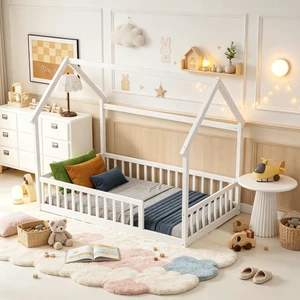 Montessori Kids Bed with Fence for Sleeping and Playing, Pine Wood Floor Bed Frame with Roof for Girls Boys, Twin Size, White Montessori Kids Bed with Fence for Sleeping and Playing, Pine Wood Floor Bed Frame with Roof for Girls Boys, Twin Size, White