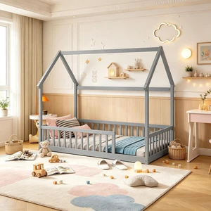 Montessori Kids Bed with Fence for Sleeping and Playing, Pine Wood Floor Bed Frame with Roof for Girls Boys, Twin Size, Grey Montessori Kids Bed with Fence for Sleeping and Playing, Pine Wood Floor Bed Frame with Roof for Girls Boys, Twin Size, Grey