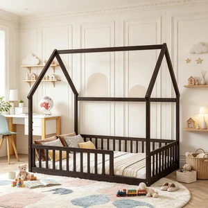 Montessori Kids Bed with Fence for Sleeping and Playing, Pine Wood Floor Bed Frame with Roof for Girls Boys, Full Size, Espresso Montessori Kids Bed with Fence for Sleeping and Playing, Pine Wood Floor Bed Frame with Roof for Girls Boys, Full Size, Espresso